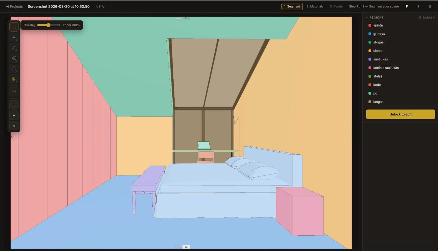 Materia's segment step: the scene divided into named colored regions
