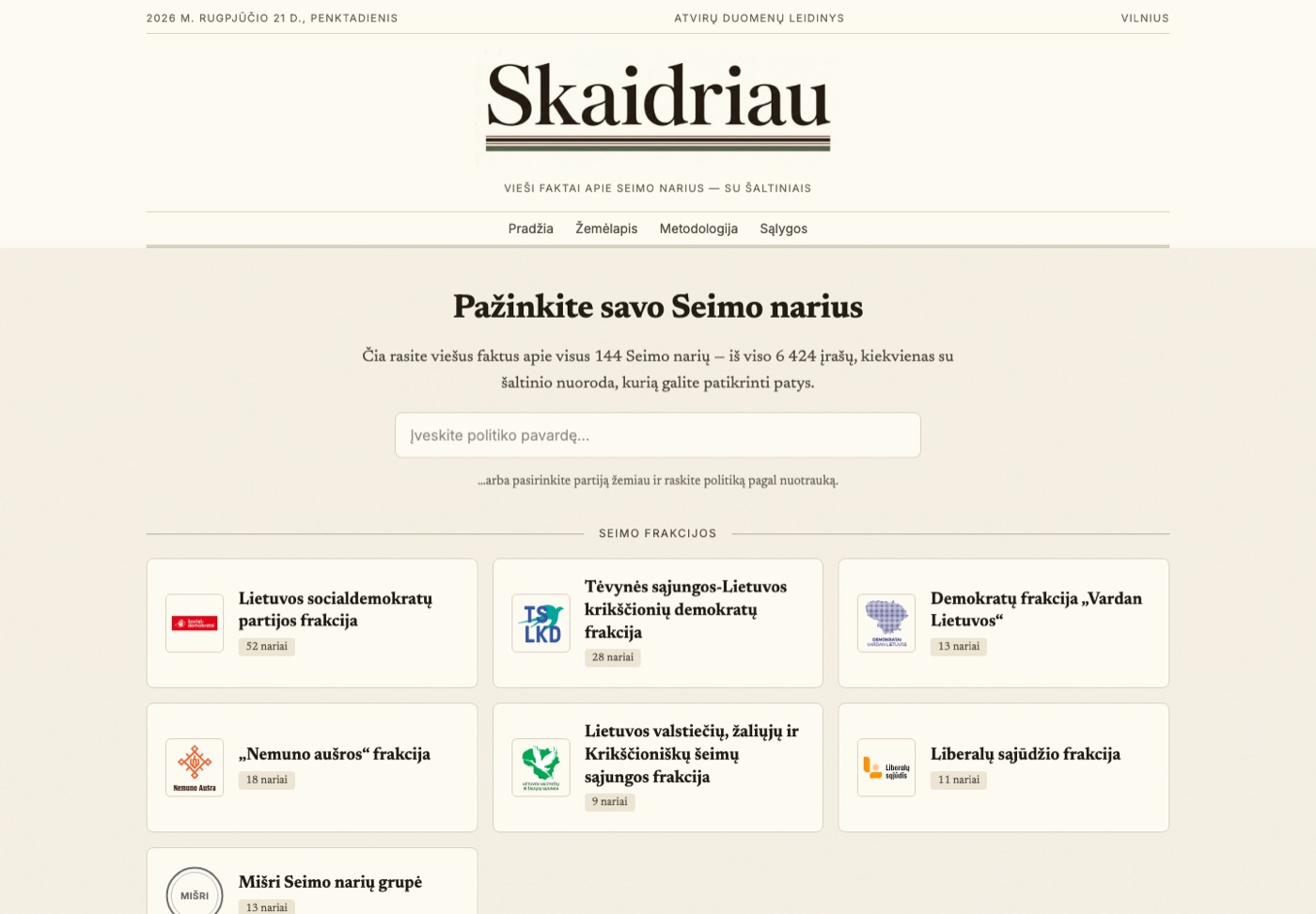 Skaidriau homepage: broadsheet masthead and faction cards for browsing Seimas members